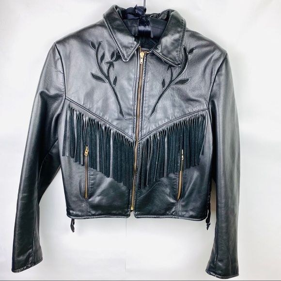 Vintage S Leather Jacket Biker Fringe Black Roses - Picture 4 of 8